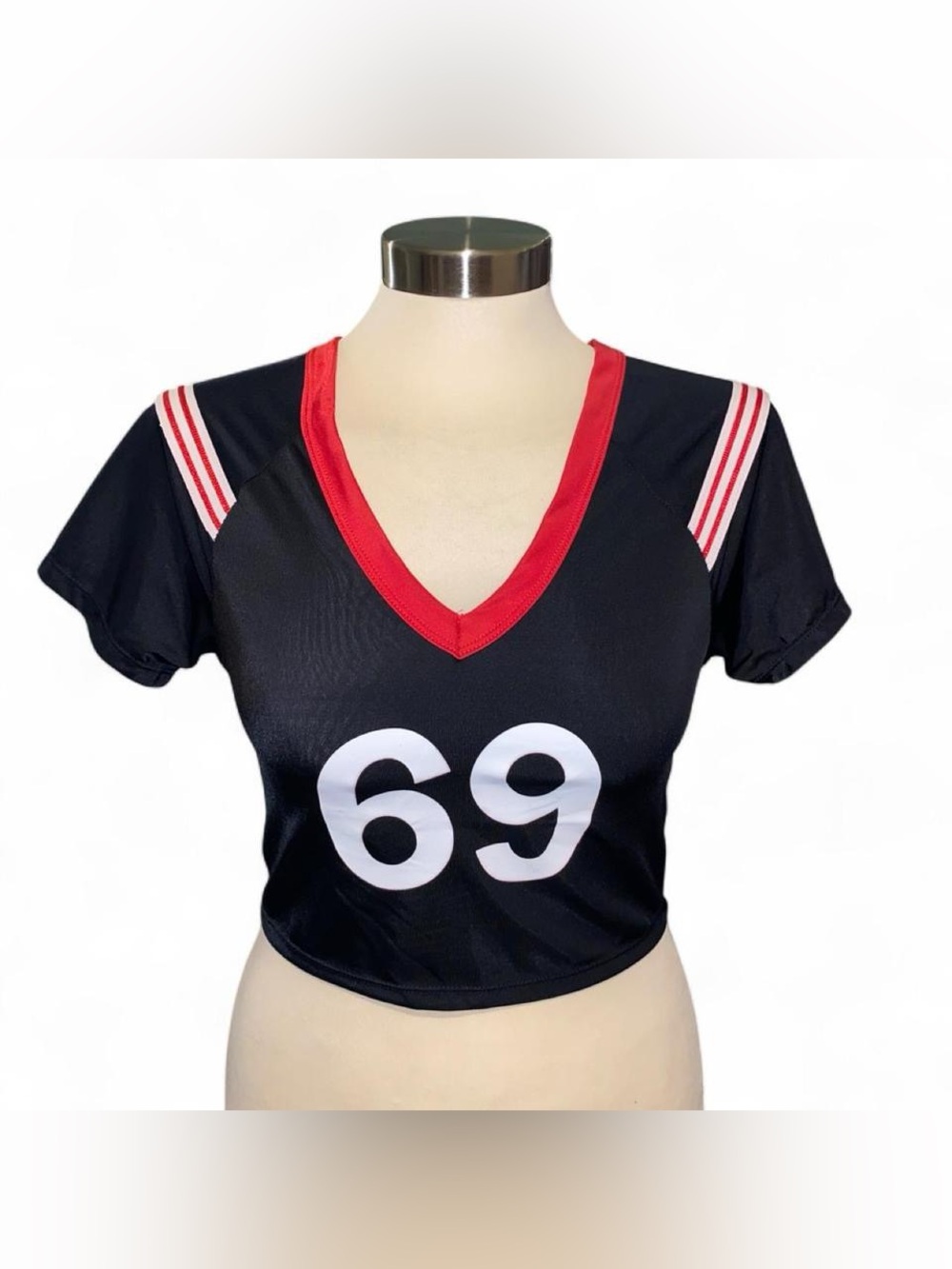 Women's Black and Red V-Neck 69 Jersey Crop Top